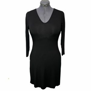 Boden Dress Jersey Black 8 Long 8L Empire Waist V-neck 3/4 Sleeves Knee Length